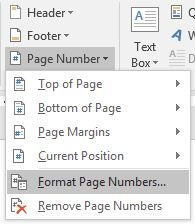 Page Number dropdown options in Microsoft Word