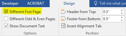 Selecting a different format for page one of a document in Microsoft Word
