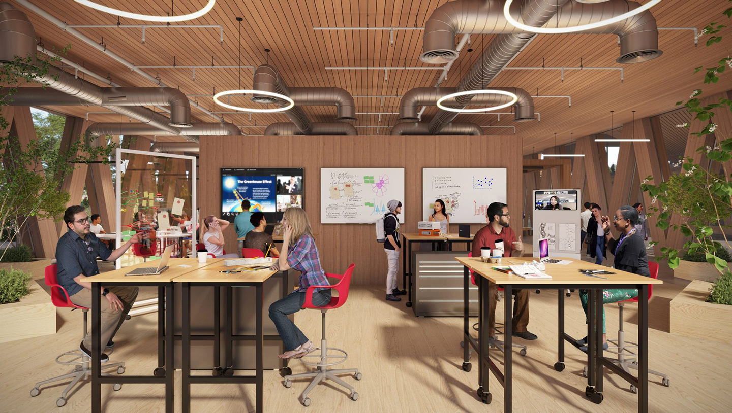 Artist rendering of the Workshop space inside the coming Integrated Sciences building shows students sitting at modular tables in plenty of natural light, indoor greenery, and light colored wood from floor to wall to ceilings.