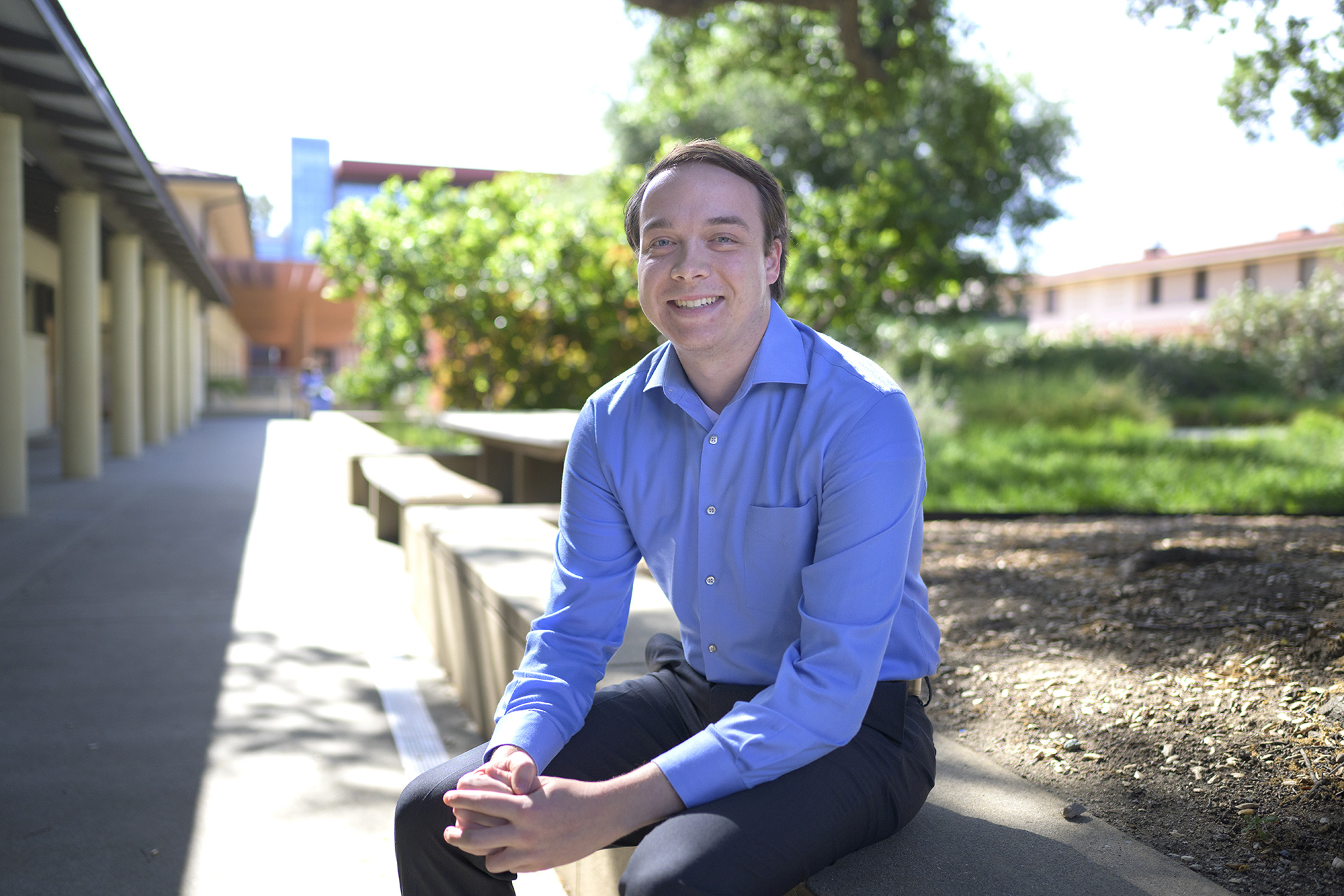 Portrait of Andrew Bradjan ’22 outside of Seaman Hall