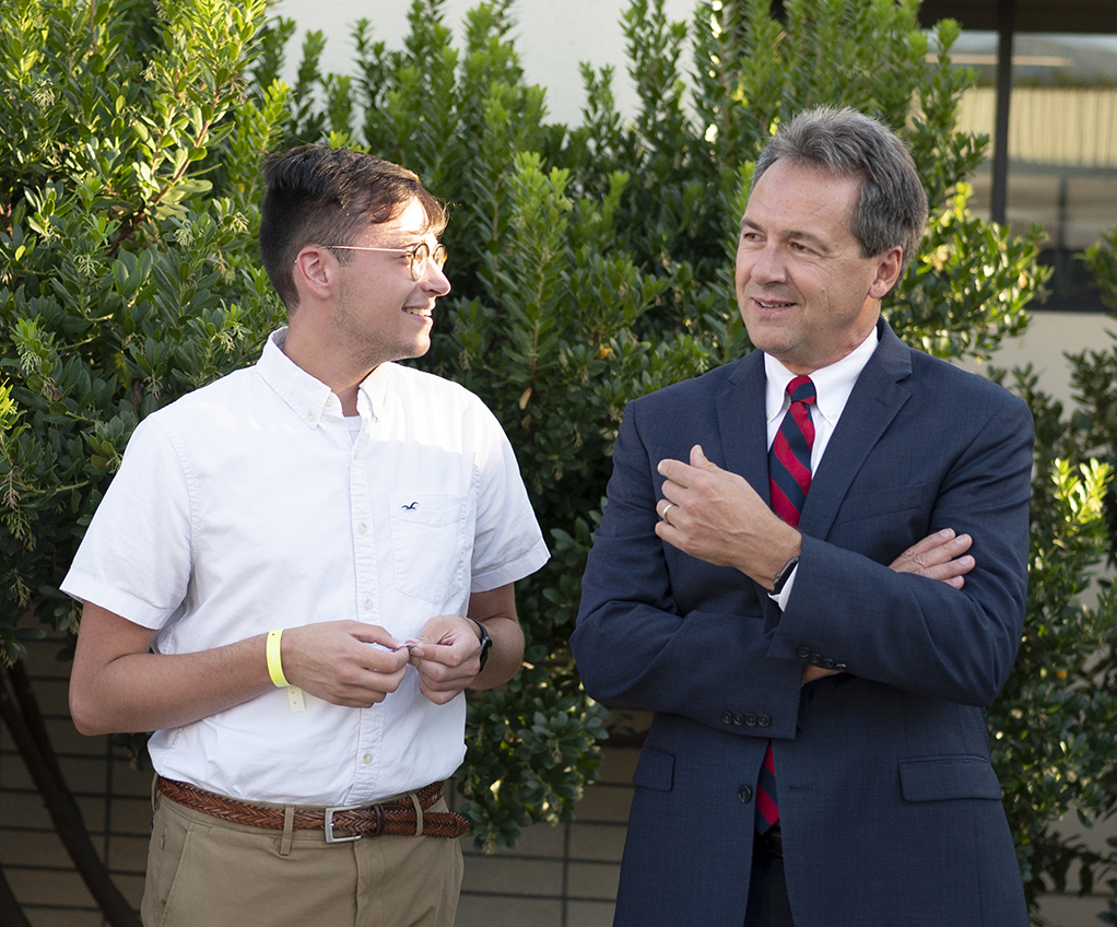 Bullock, seen here with students at the Athenaeum, received the Dreier Roundtable Civility Award in September.