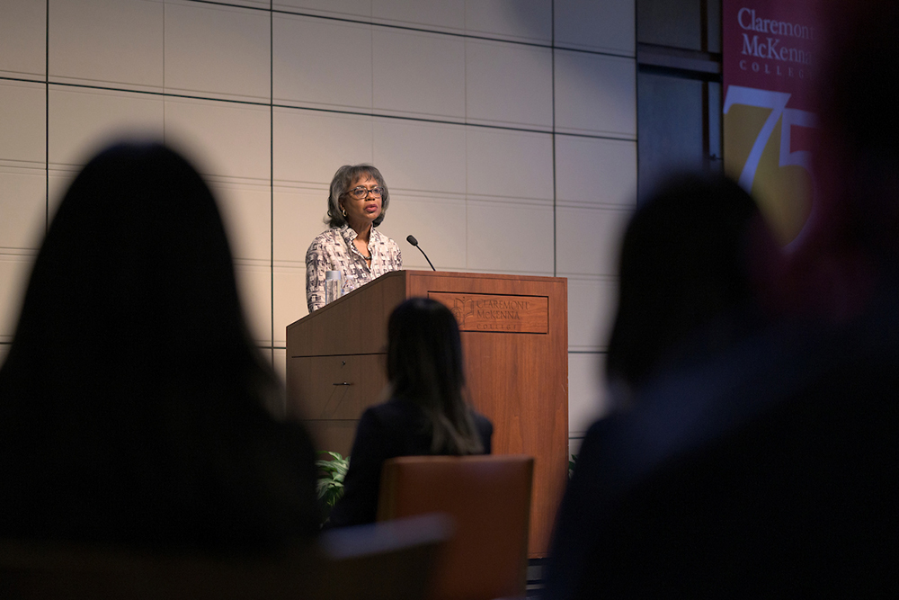 CMC students and community members face Anita Hill as she speaks from the Ath podium.