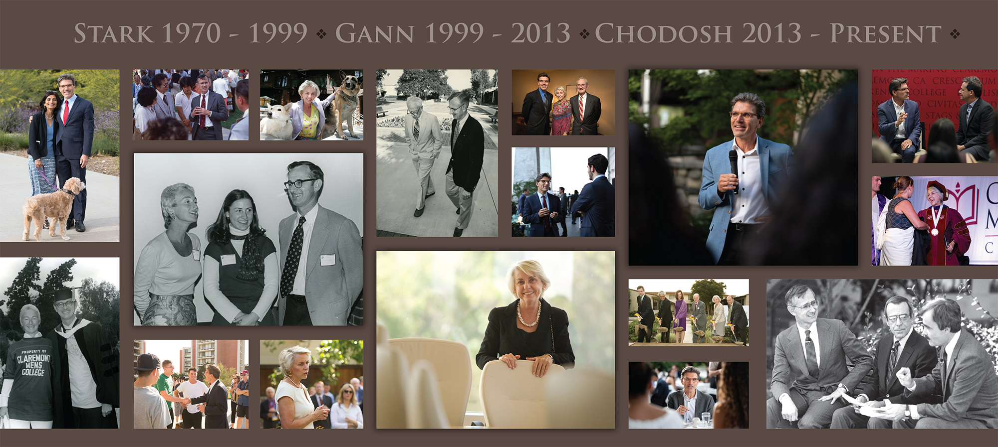 A photo collage used as the stage backdrop during CMC's 2022 Alumni Weekend, Presidents' Panel event, shows historic moments and portraits of the three past presidents' tenure at CMC.