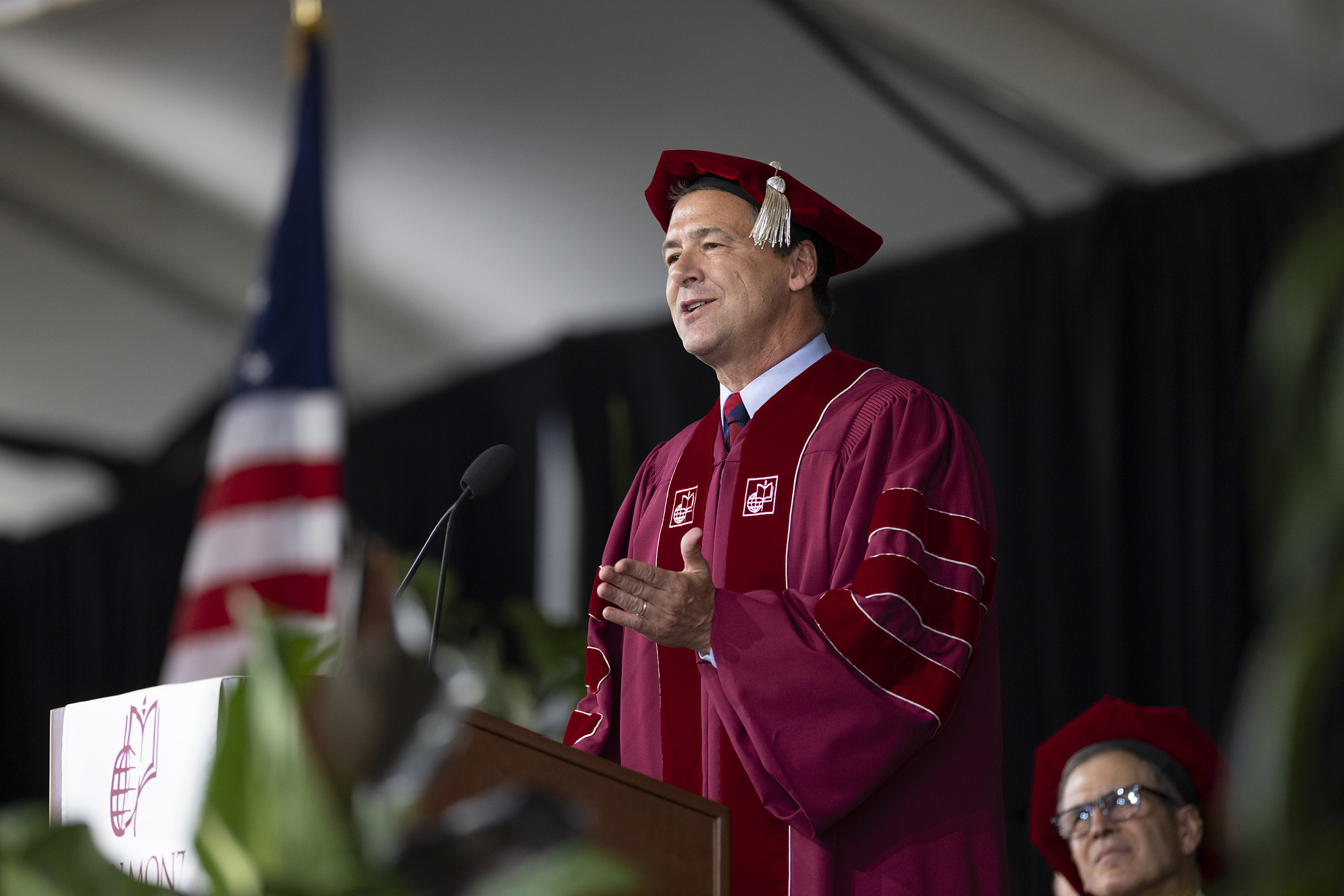 Stephen C. Bullock ’88 P’24 delivers his keynote address on stage during commencement for classes of 2020 and 2021.