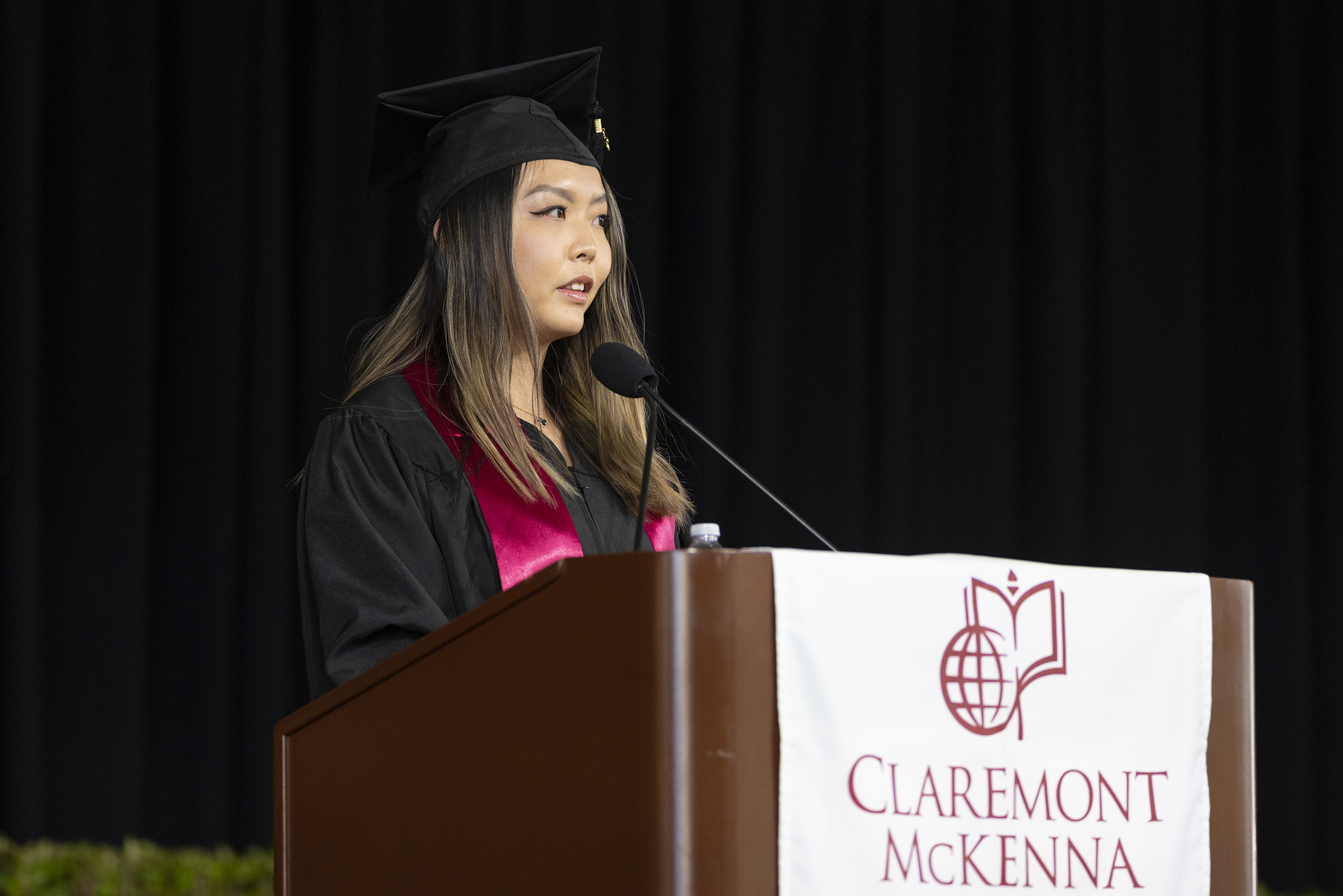 Class of 2021 Senior Class President Grace (Qingyang) Wang ’21 speaks at the podium during celebration weekend for classes of 2020 and 2021.06