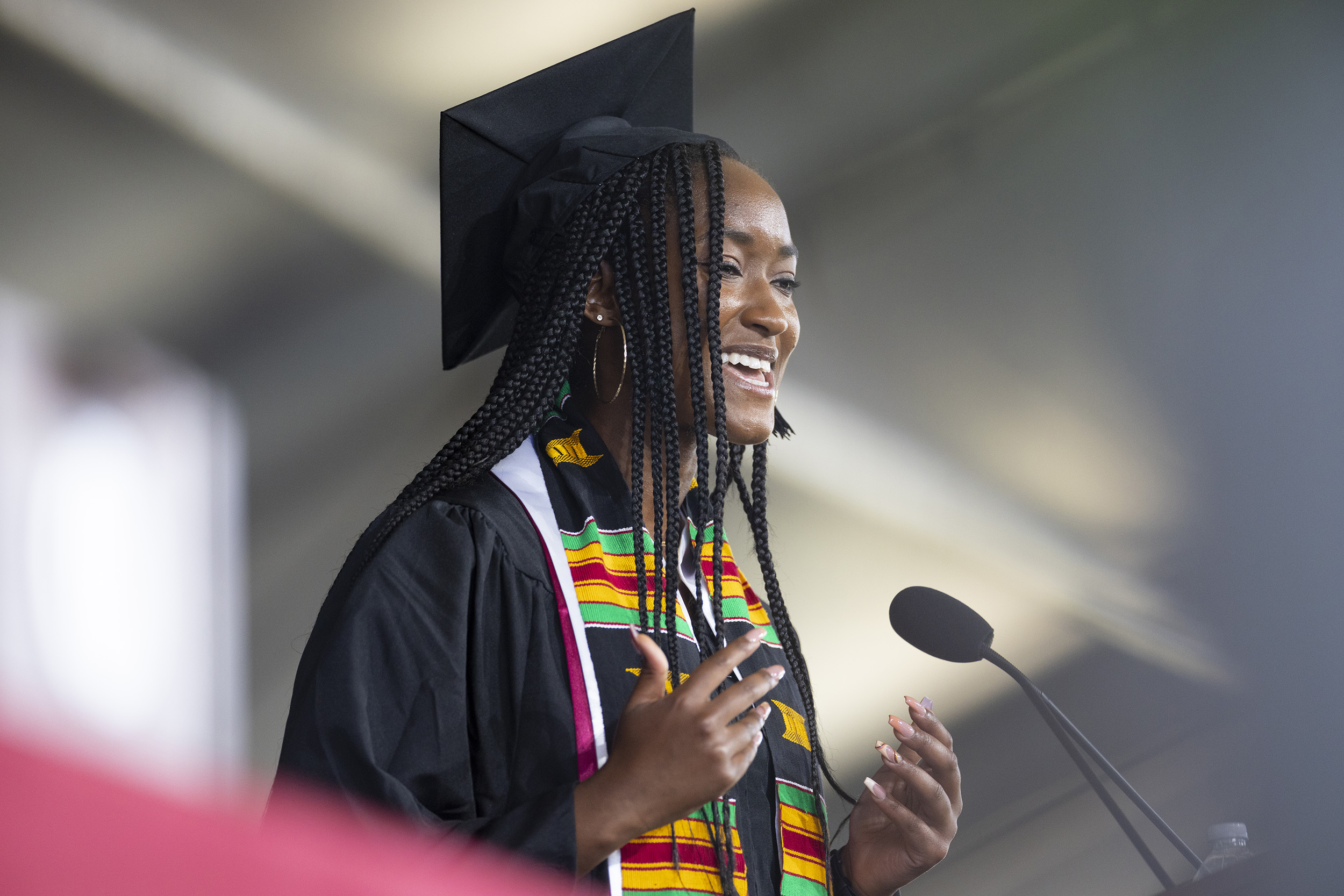 Class of 2020 class-elected speaker Maya Victoria-Rosetta Love ’20 at the commencement stage podium.