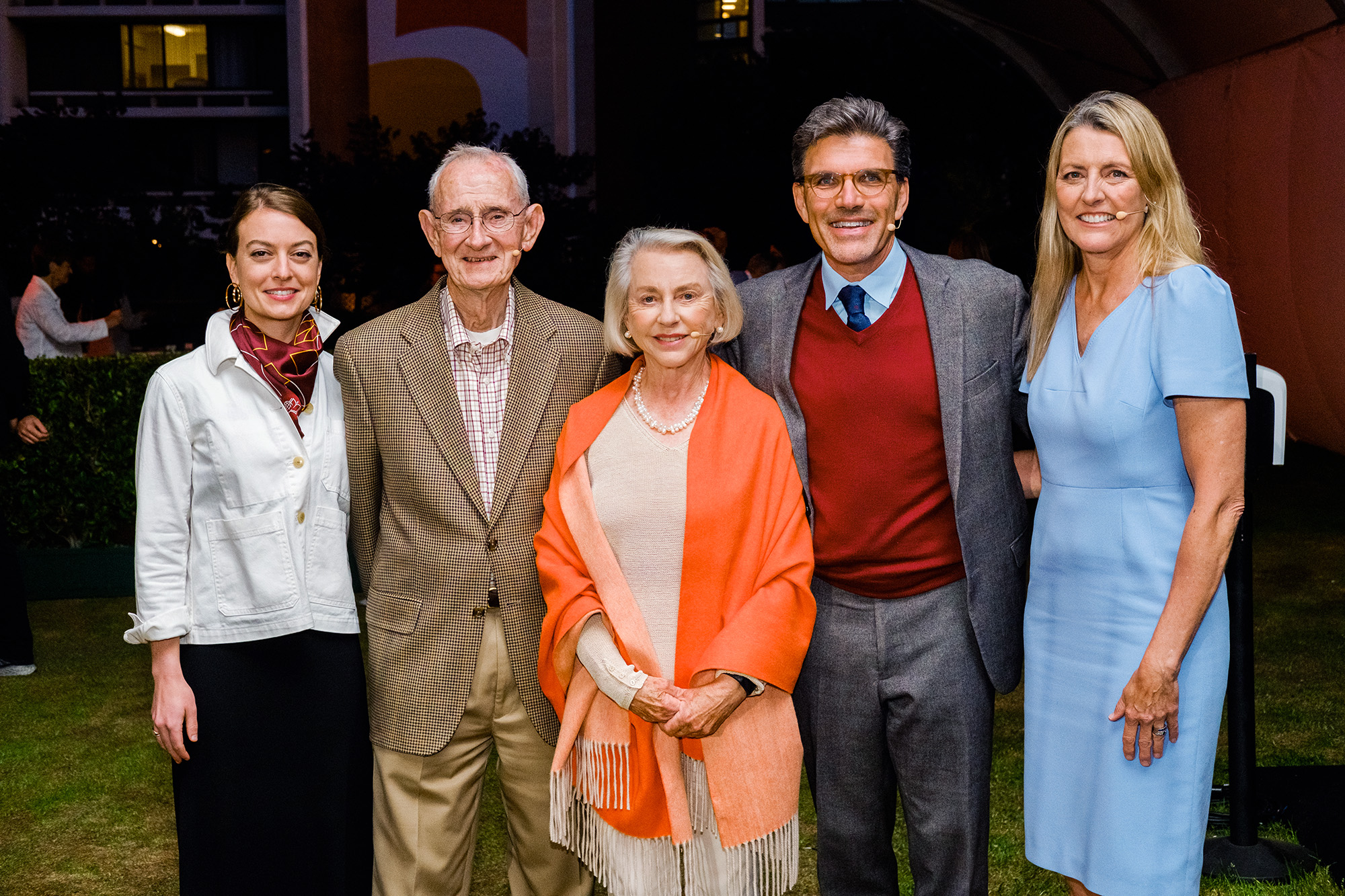 From left to right: a CMC community member photographed together with Jack Stark ’57 GP’11, Pamela Gann, Hiram Chodosh, and Sue Matteson King ’85 P’18 at CMC's 2022 Alumni Weekend.