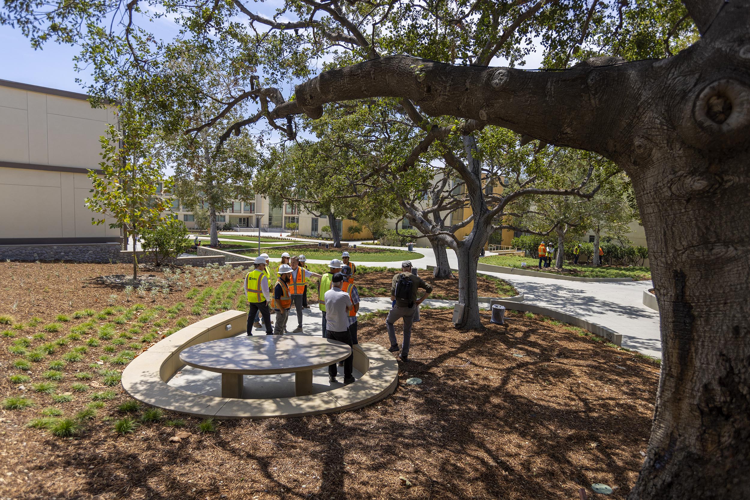 Campus facilities staff and construction teams work together to install new bench areas around the residence halls.