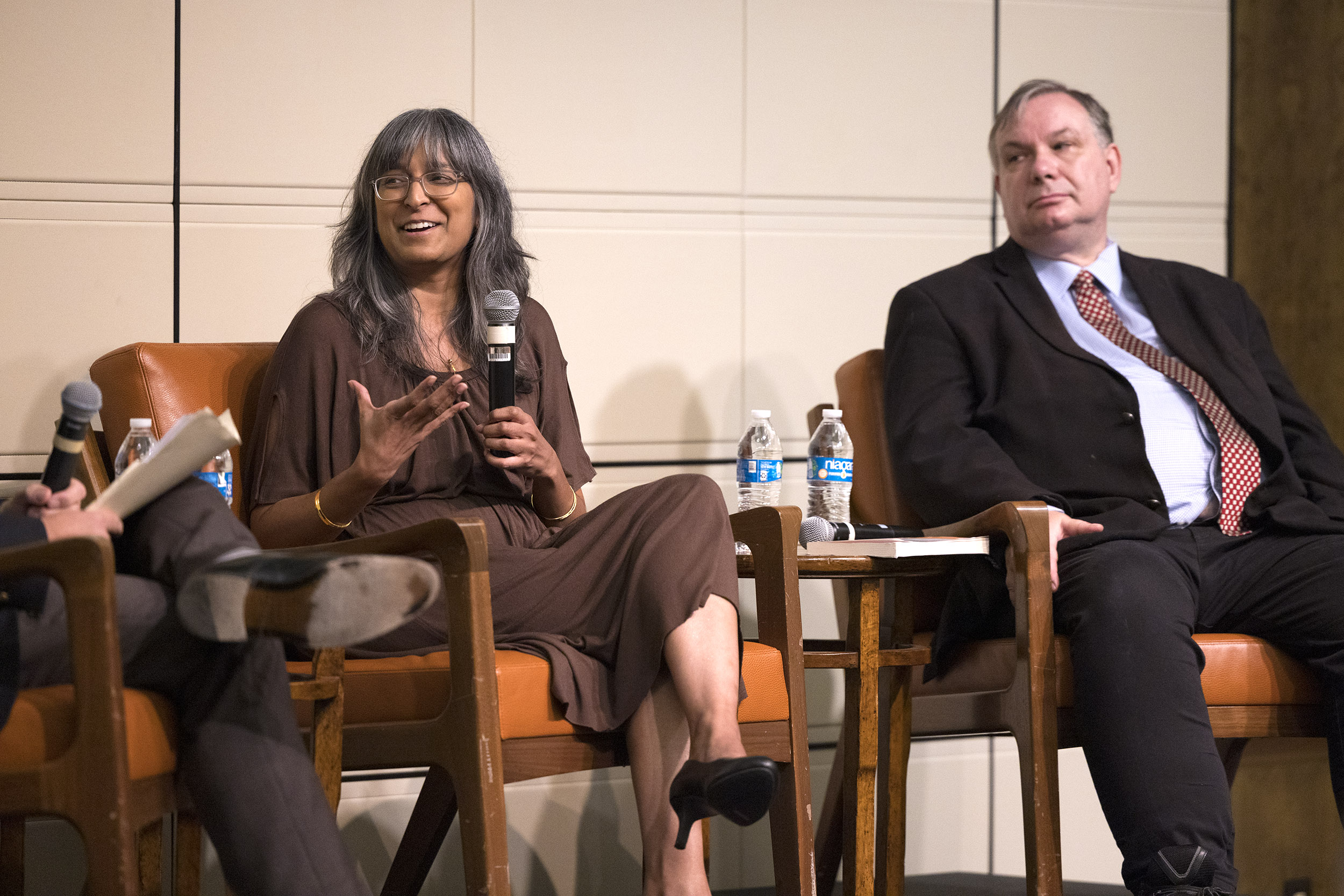 John Fund and Gowri Ramachandran speaking at the Ath.