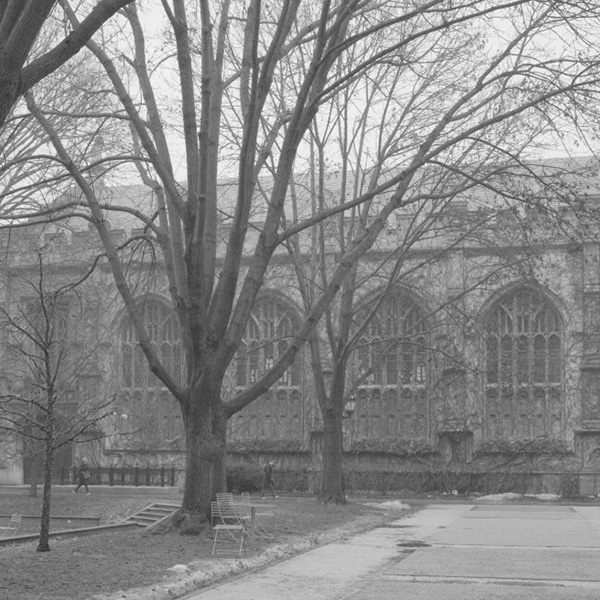 Black and white photo of old building.