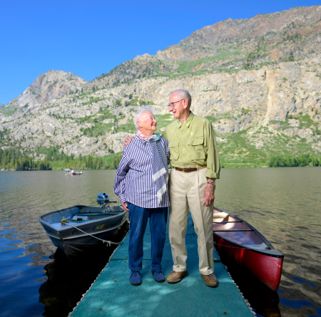 Jack Stark ’57 GP’11, seen here with wife Jil (Harris) Stark GP’11, a 1958 Scripps College graduate, outside their cabin.