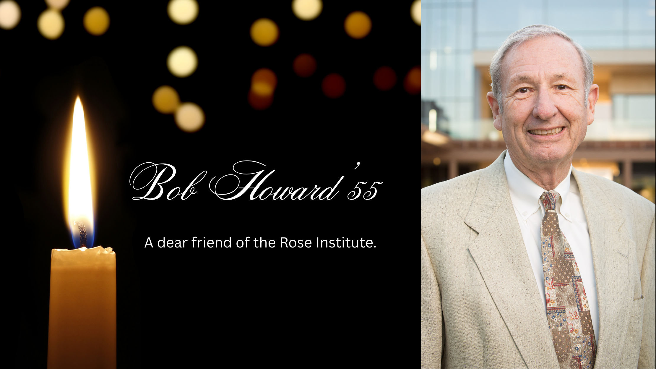 Bob Howard in tan suit, smiling in front of Keck Center.