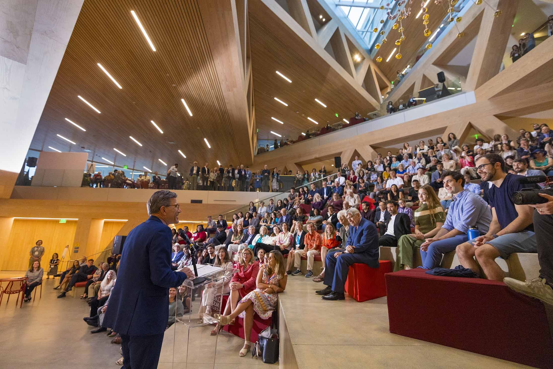 President Hiram Chodosh addressing visitors during Robert Day Sciences Center Dedication event.