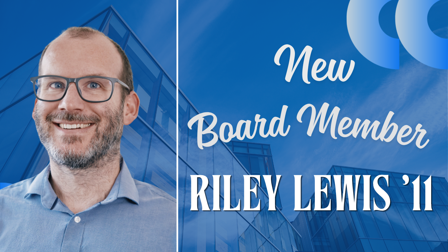 Riley Lewis smiling and text announcing him as new board member of the Rose Institute.