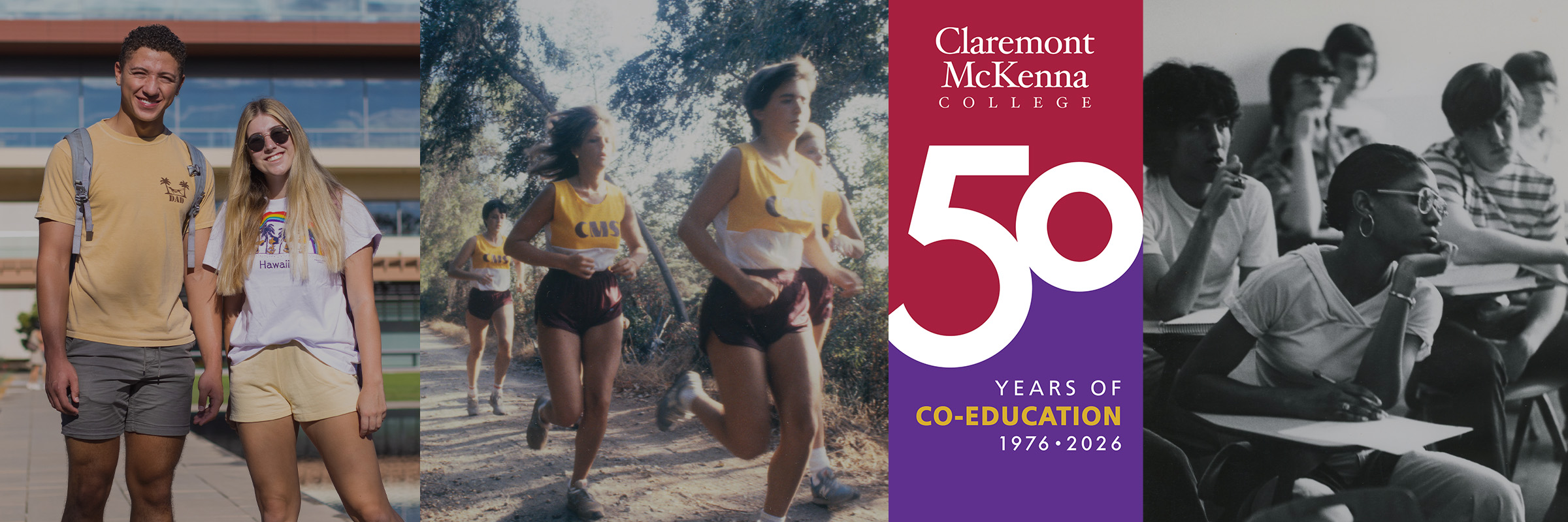 Collage banner featuring women on campus, in CMS track, and in class.