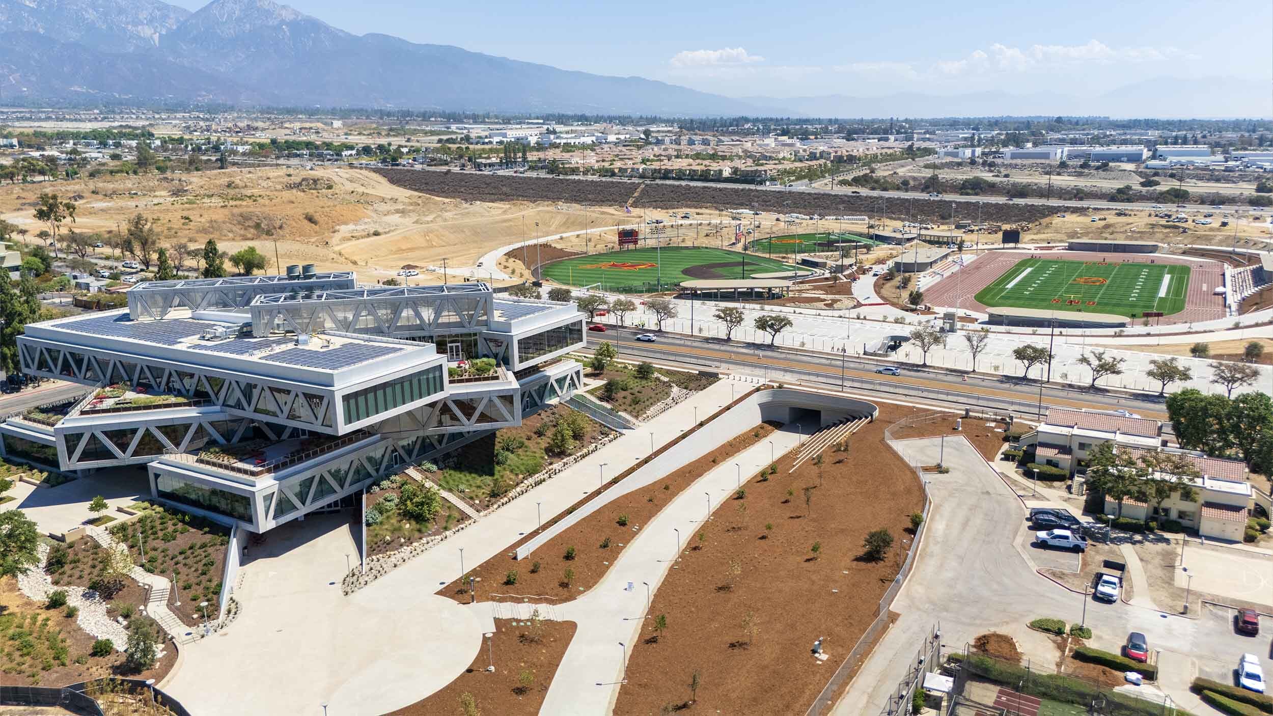 The Robert Day Sciences Center with the Sports Bowl in the distance.