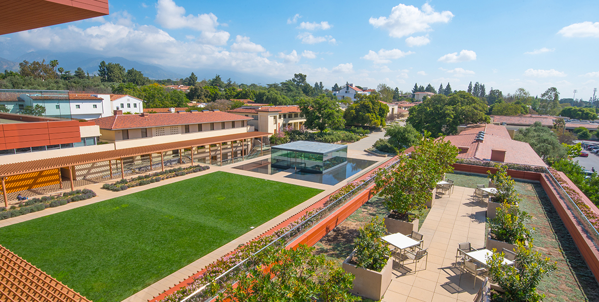 view of Gann Quadrangle and the Living Room on CMC campus