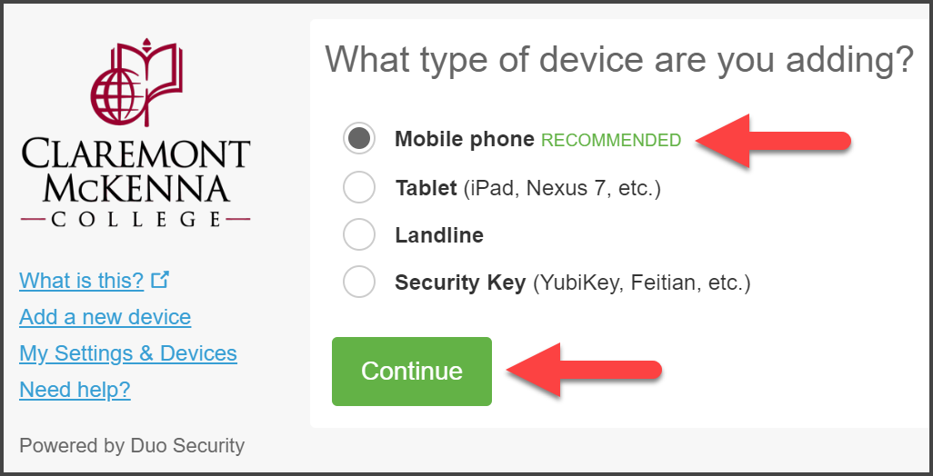 CMC Duo “What Type of Device are you adding?” Page with choices Mobile Phone, Tablet, Landline, Security Key, with arrow pointing to Mobile Phone and Continue