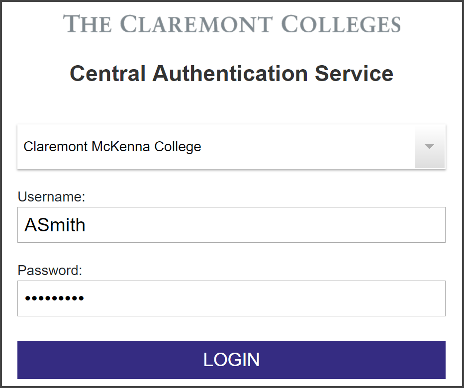 The Claremont Colleges Central Authentication Service with example login prompt for CMC users “ASmith”
