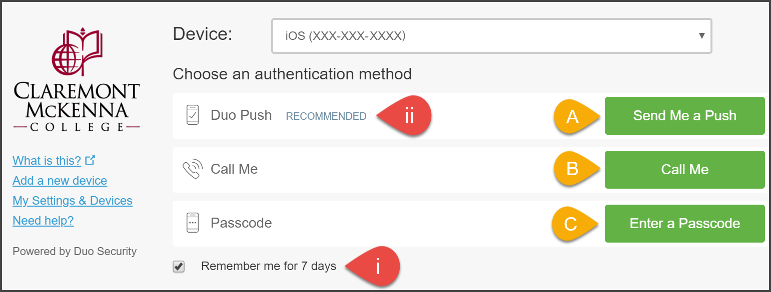 CMC Duo “Choose an authentication method” Page with choices i. A. Send Me A Push, B. Call Me, C. Enter a Passcode and ii. Remember Me for 7 Days Choice Selected