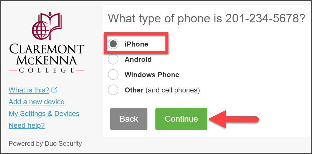 CMC Duo “What type of phone is” Page with red bandbox over iPhone with other choices Android, Windows Phone, Other(and cell phones) and arrow pointing to Continue