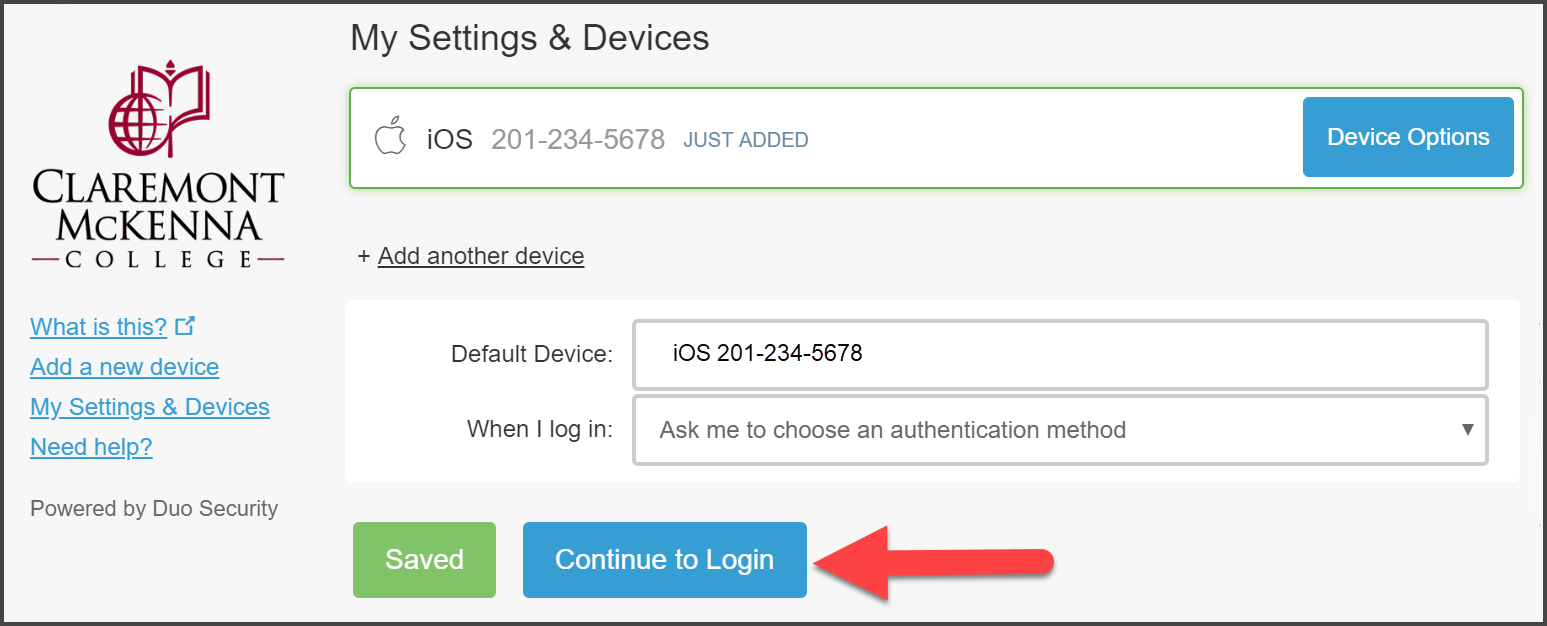 CMC Duo “My Settings & Devices” page with iOS Mobile Phone device just recently added with it set as Default Device and “Ask Me to Choose an authentication method” with arrow pointing to “Continue to Login”