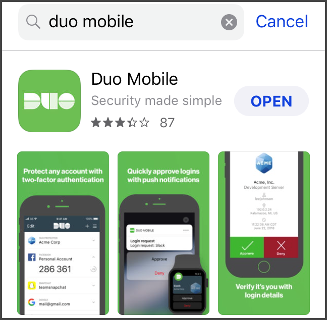 Duo Mobile iOS App Store Search Result with Duo Mobile app article displayed with “OPEN” button