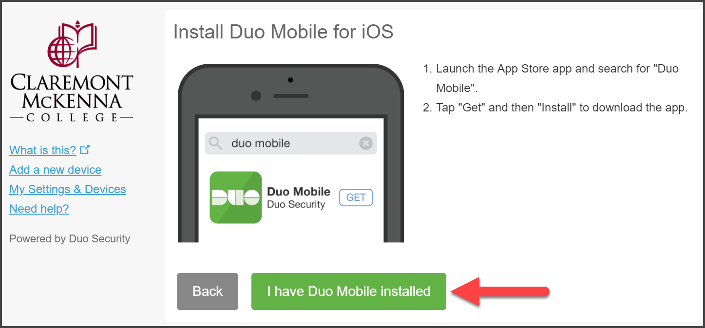 CMC Duo “Install Duo Mobile for iOS” prompt with arrow pointing to “I have Duo Mobile Installed”