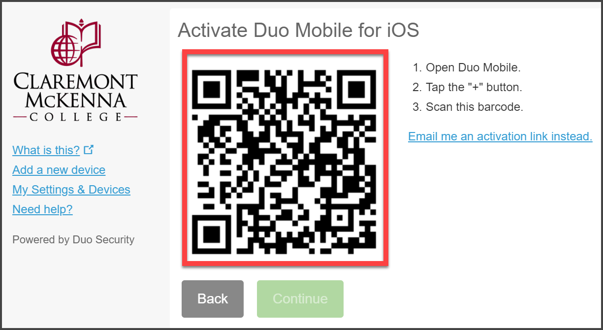 CMC Duo “Activate Duo Mobile for IOS” with red bandbox over QR code