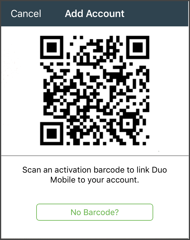 Duo Mobile app interface: “Add Account” page with QR Code over area where camera is utilized by device to capture QR code 