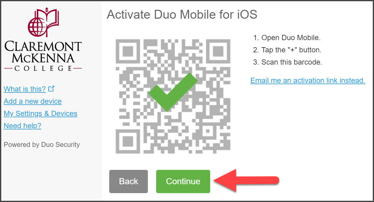 CMC Duo “Activate Duo Mobile for IOS” with green checkmark over QR code and arrow pointing to Continue