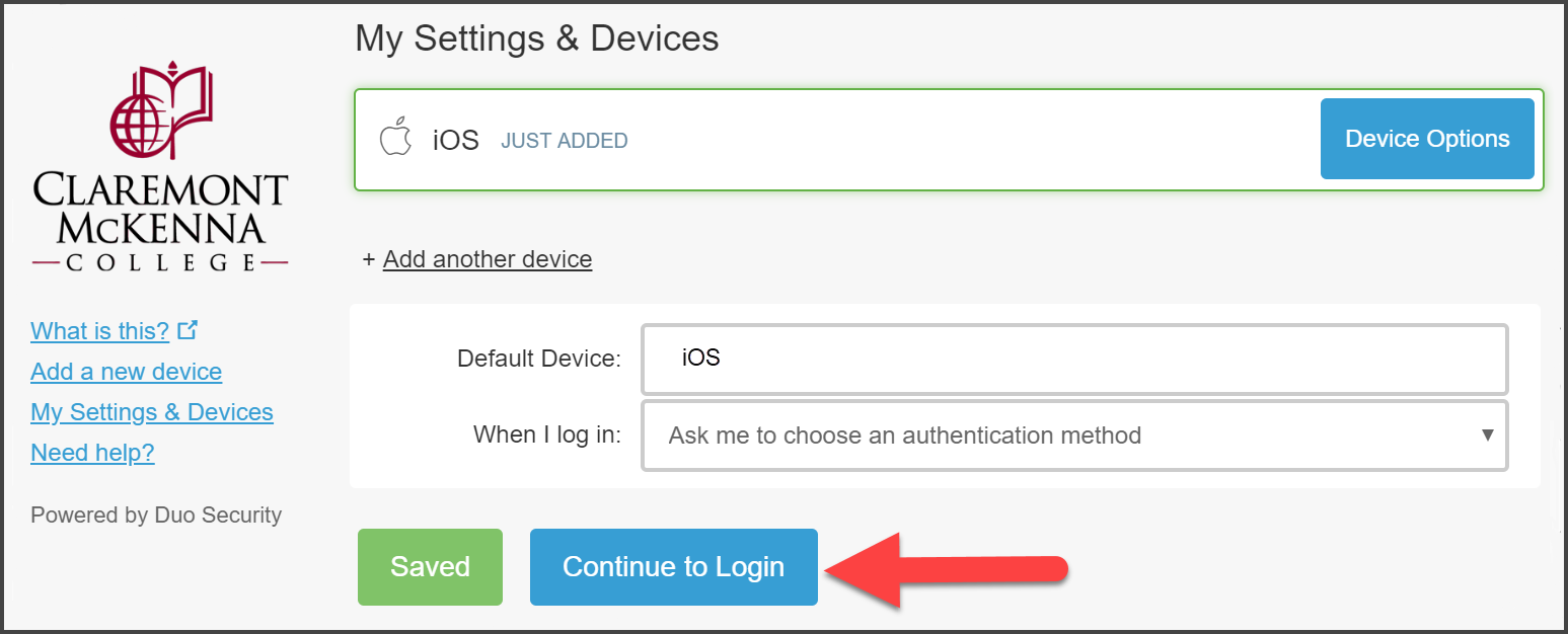 CMC Duo “My Settings & Devices” page with iOS Tablet device just recently added with it set as Default Device and “Ask Me to Choose an authentication method” with arrow pointing to “Continue to Login”
