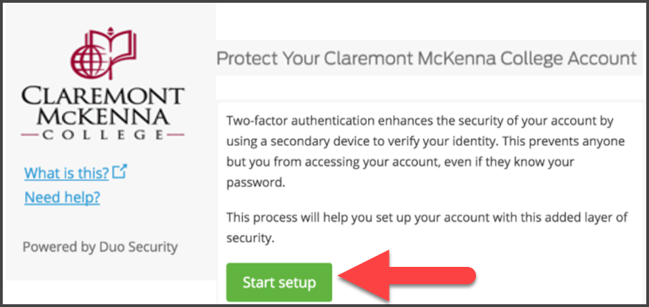 CMC Duo “Protect your Claremont McKenna College Account” Screen with arrow pointing to Start Setup 