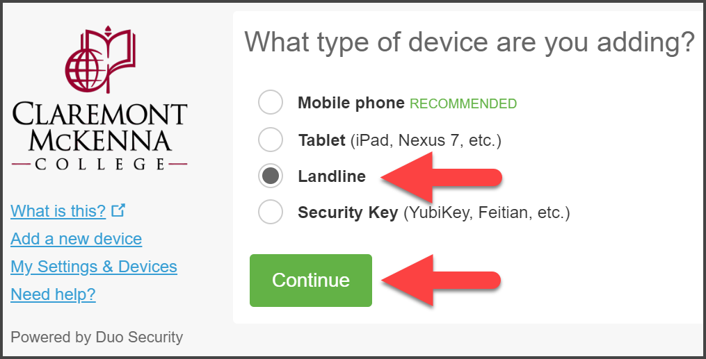 CMC Duo “What Type of Device are you adding?” Page with choices Mobile Phone, Tablet, Landline, Security Key, with arrow pointing to Landline and Continue