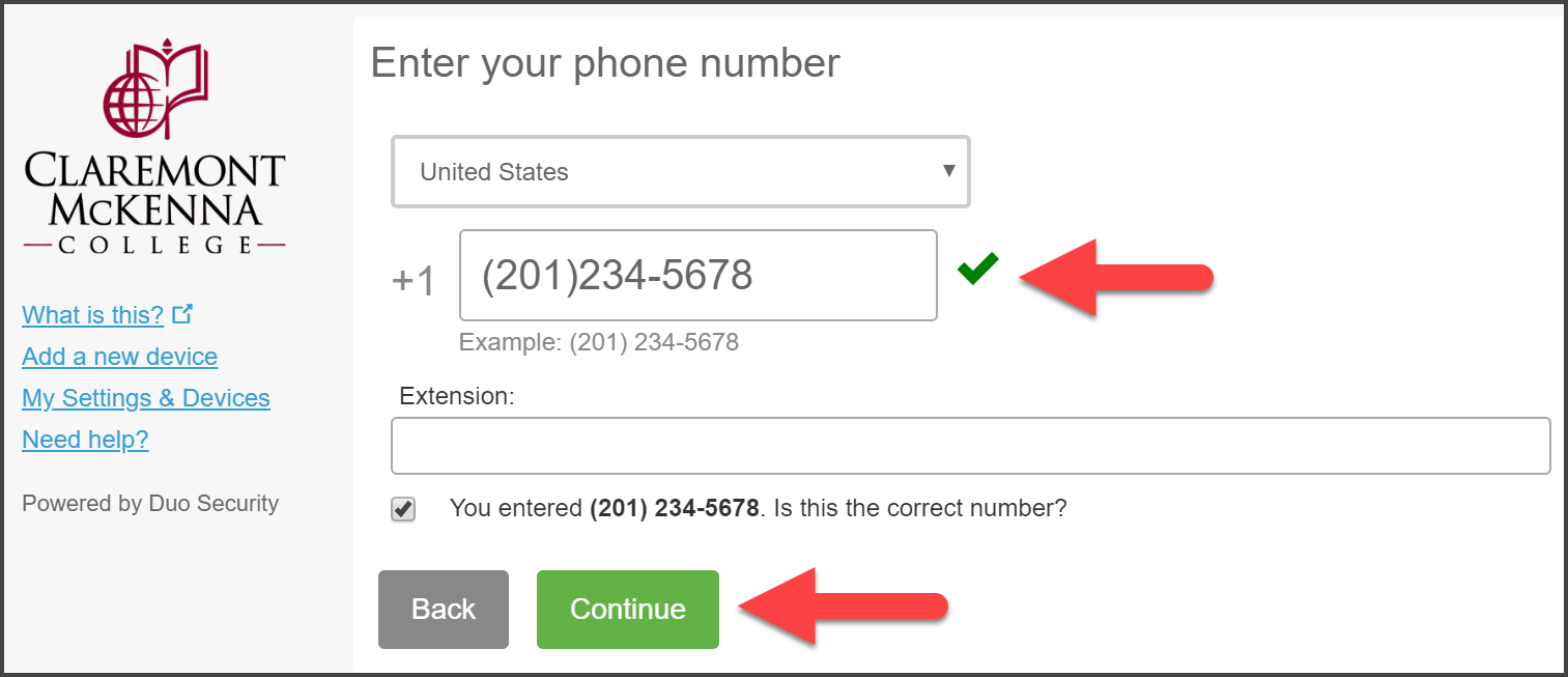 CMC Duo “Enter your phone number” Page with Phone Number (201)234-5678 with green-mark check, Empty Extension field, and arrow pointing to Phone Number confirmation and Continue