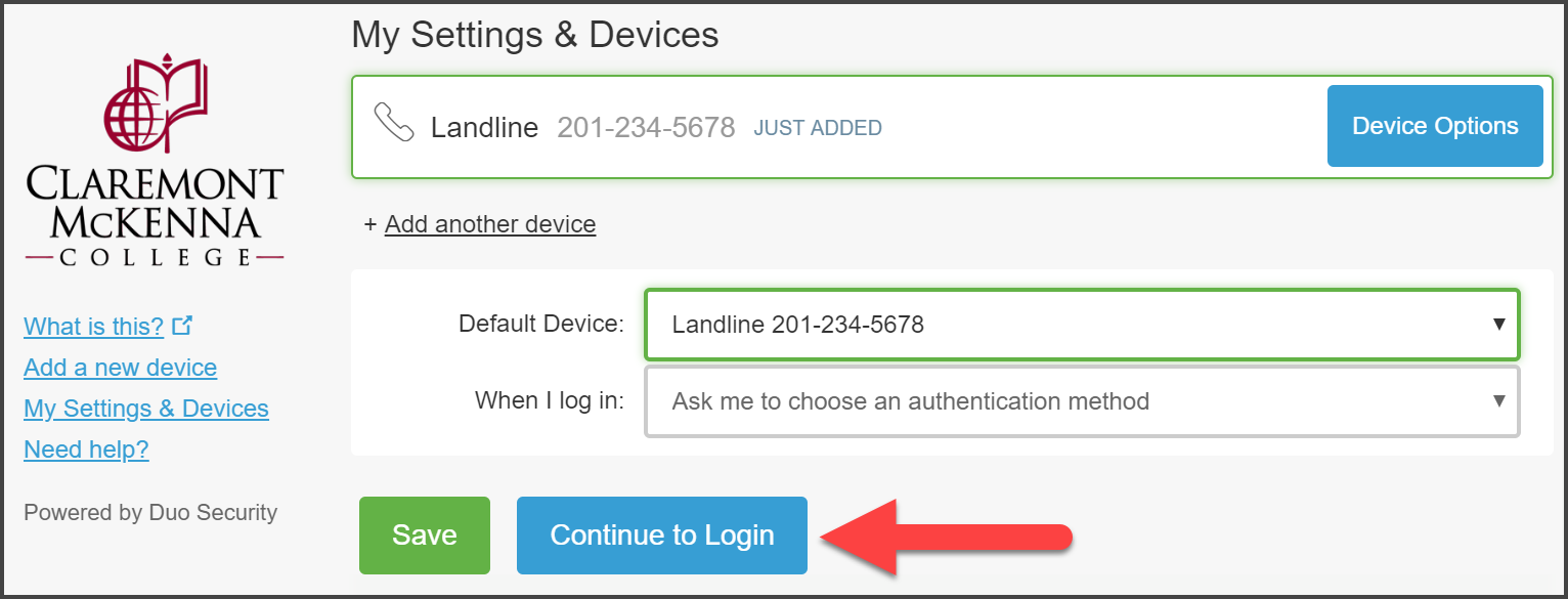 CMC Duo “My Settings & Devices” page with Landline device just recently added with it set as Default Device and “Ask Me to Choose an authentication method” with arrow pointing to “Continue to Login”
