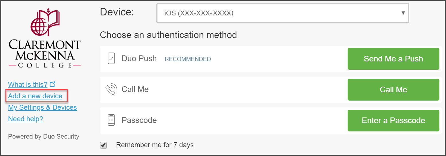 CMC Duo “Choose an Authentication Method” page with blue text with red band box “Add a New Device” to the left side of the page