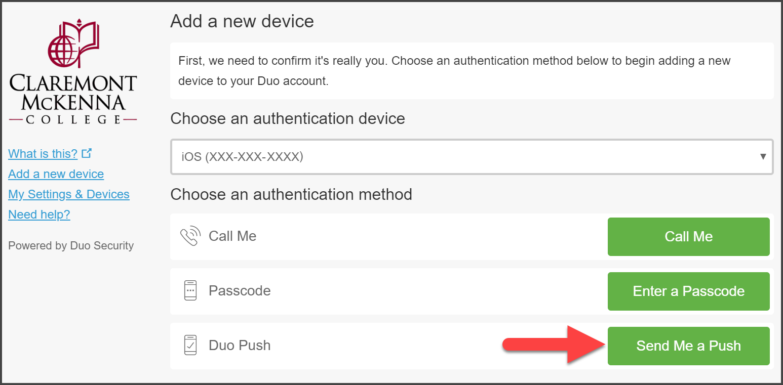 CMC Duo “Add a New Device” page Prompt with Choosing an authentication method to confirm it’s really you with arrow pointed to Send Me A Push