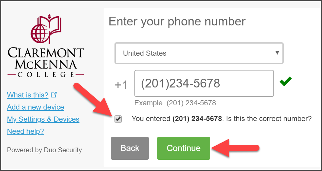 CMC Duo “Enter your phone number” Page with Phone Number (201)234-5678 with green-mark check and arrow pointing to Phone Number confirmation and Continue