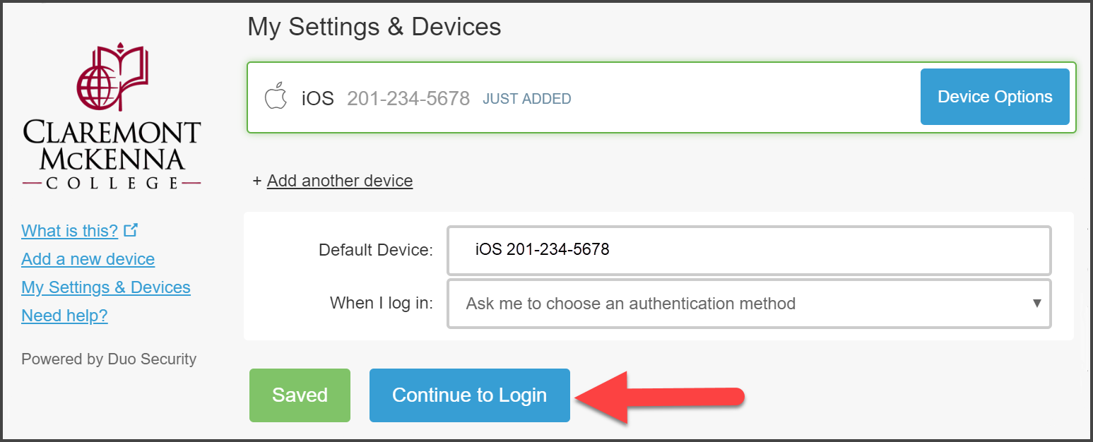 CMC Duo “My Settings & Devices” page with Mobile phone device just recently added with it set as Default Device and “Ask Me to Choose an authentication method” with arrow pointing to “Continue to Login”
