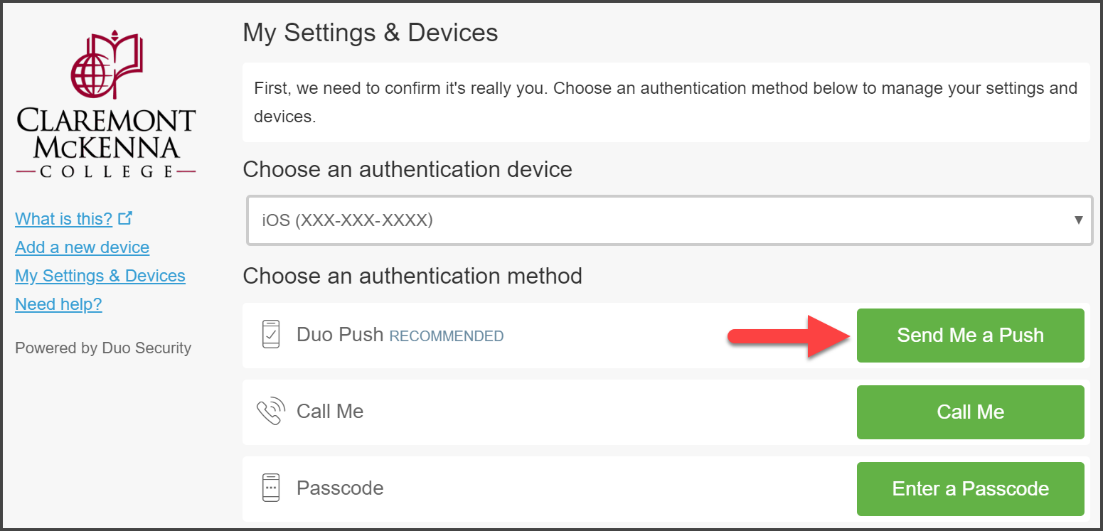 CMC Duo “My Settings & Devices” page Prompt with Choosing an authentication method to confirm it’s really you with arrow pointed to Send Me A Push