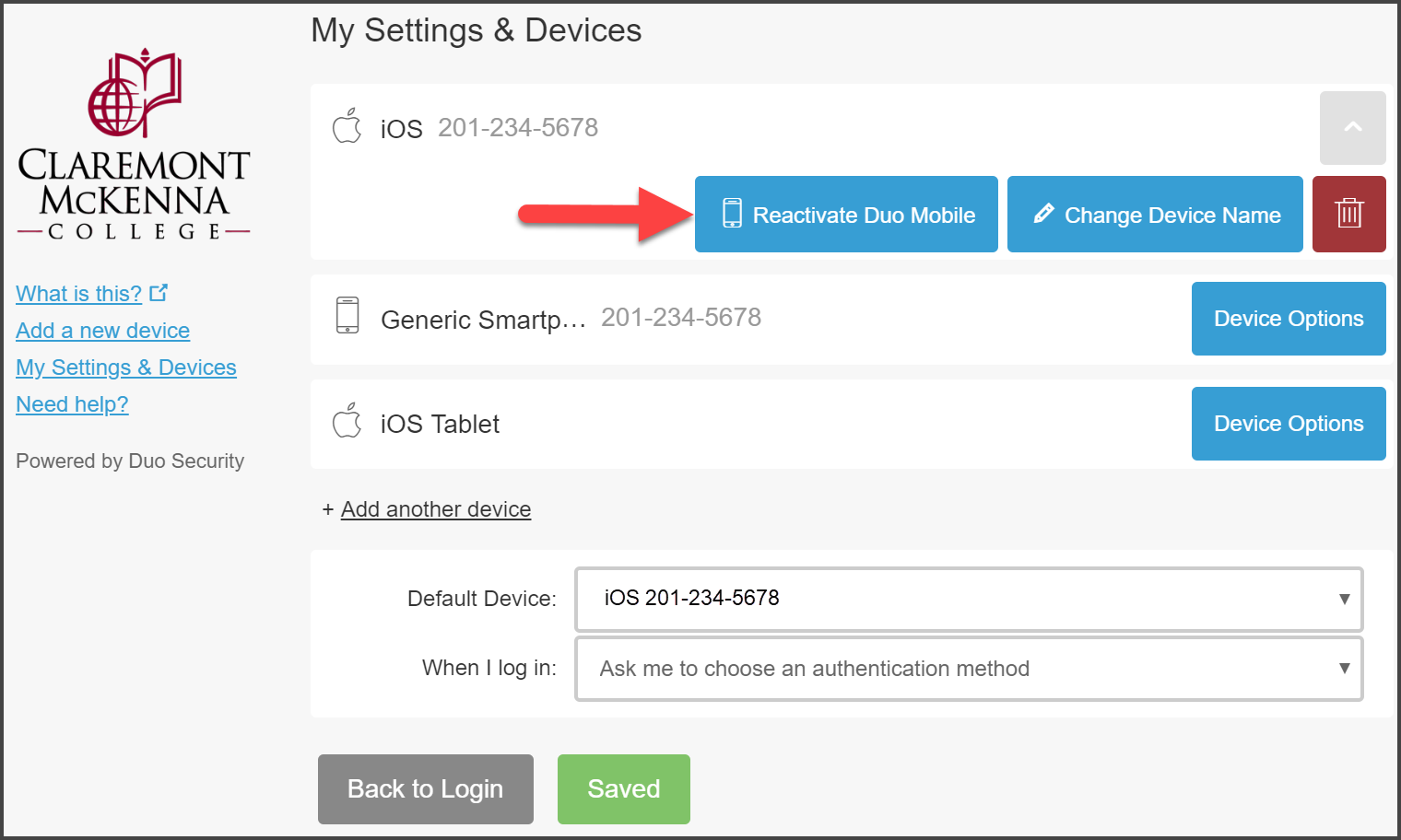 CMC Duo “My Settings & Devices” page with Device Options menu expanded out for iOS Mobile phone with options Reactivate Duo Mobile, Change Device Name, and Trash icon with arrow pointing to Reactivate Duo Mobile