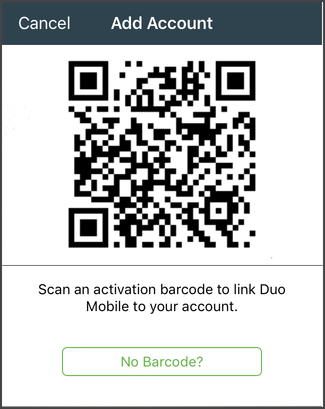 Duo Mobile app interface: “Add Account” page with QR Code over area where camera is utilized by device to capture QR code