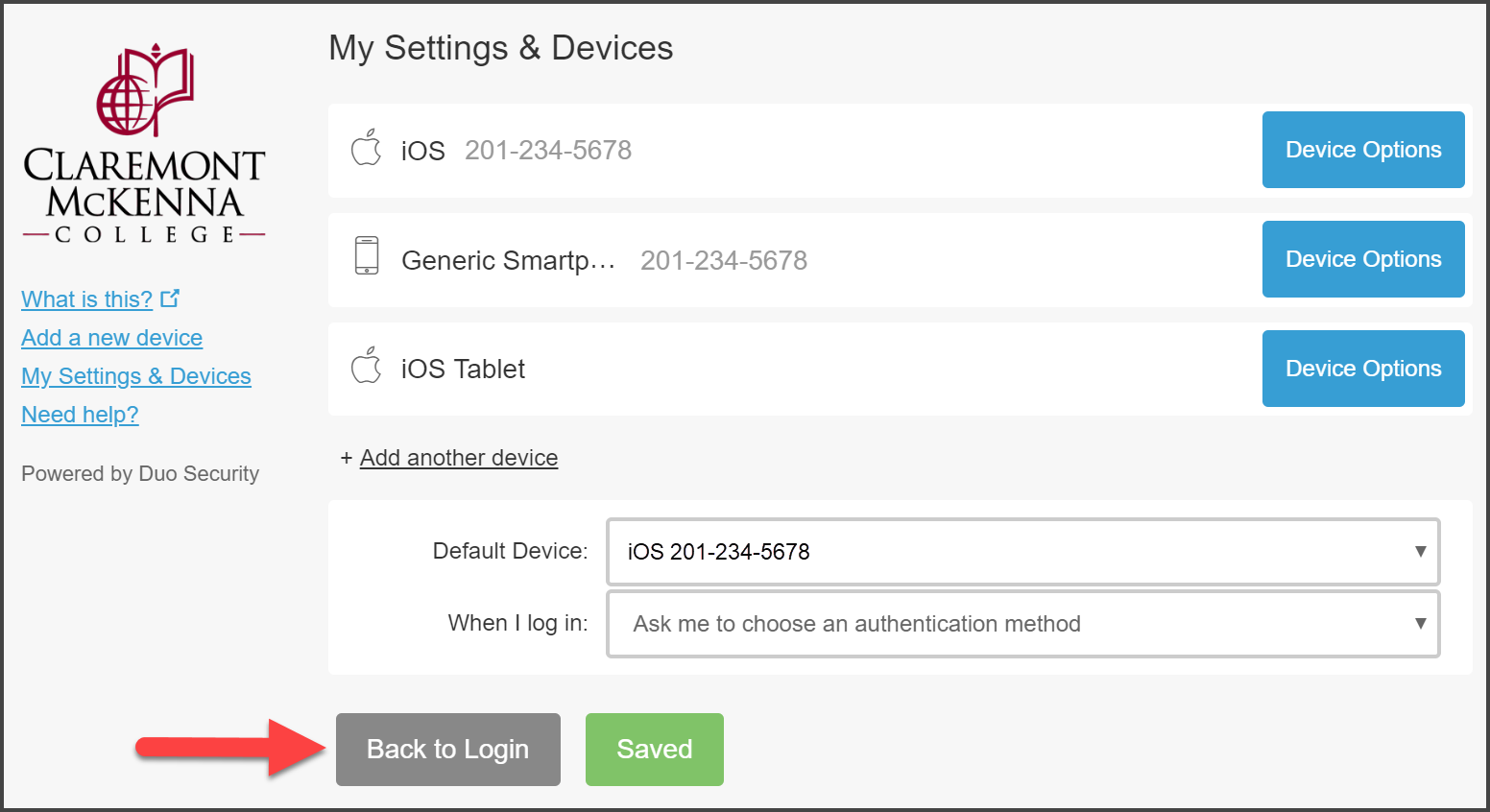 CMC Duo “My Settings & Devices” page with Mobile phone device readded with it set as Default Device and “Ask Me to Choose an authentication method” with arrow pointing to “Continue to Login”