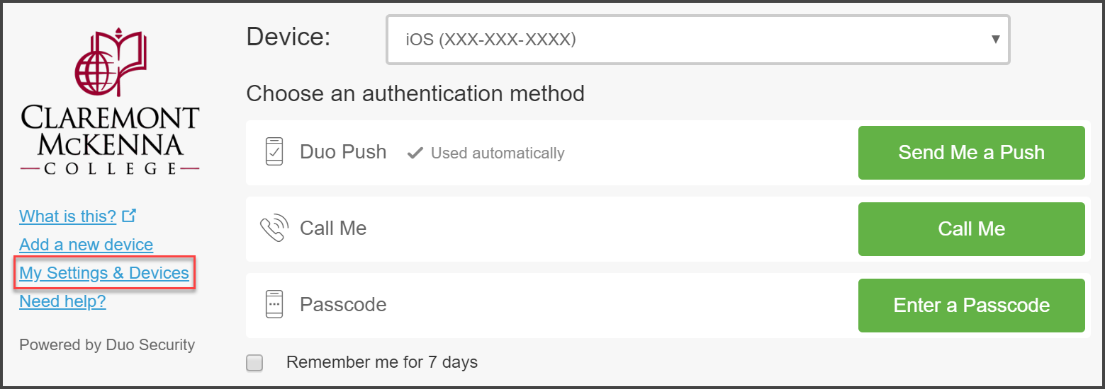 CMC Duo “Choose an Authentication Method” page with blue text with red band box “My Settings & Devices” to the left side of the page