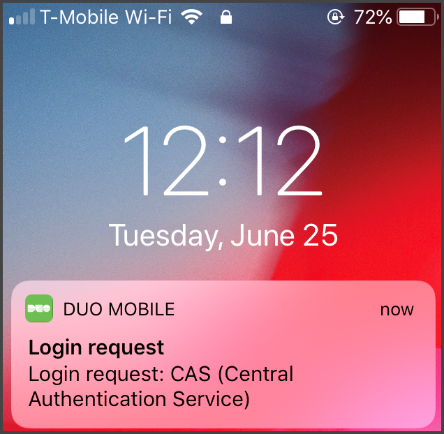 Duo Mobile Login Request from the CAS: (Central Authentication Service) on an iPhone iOS 10 interface