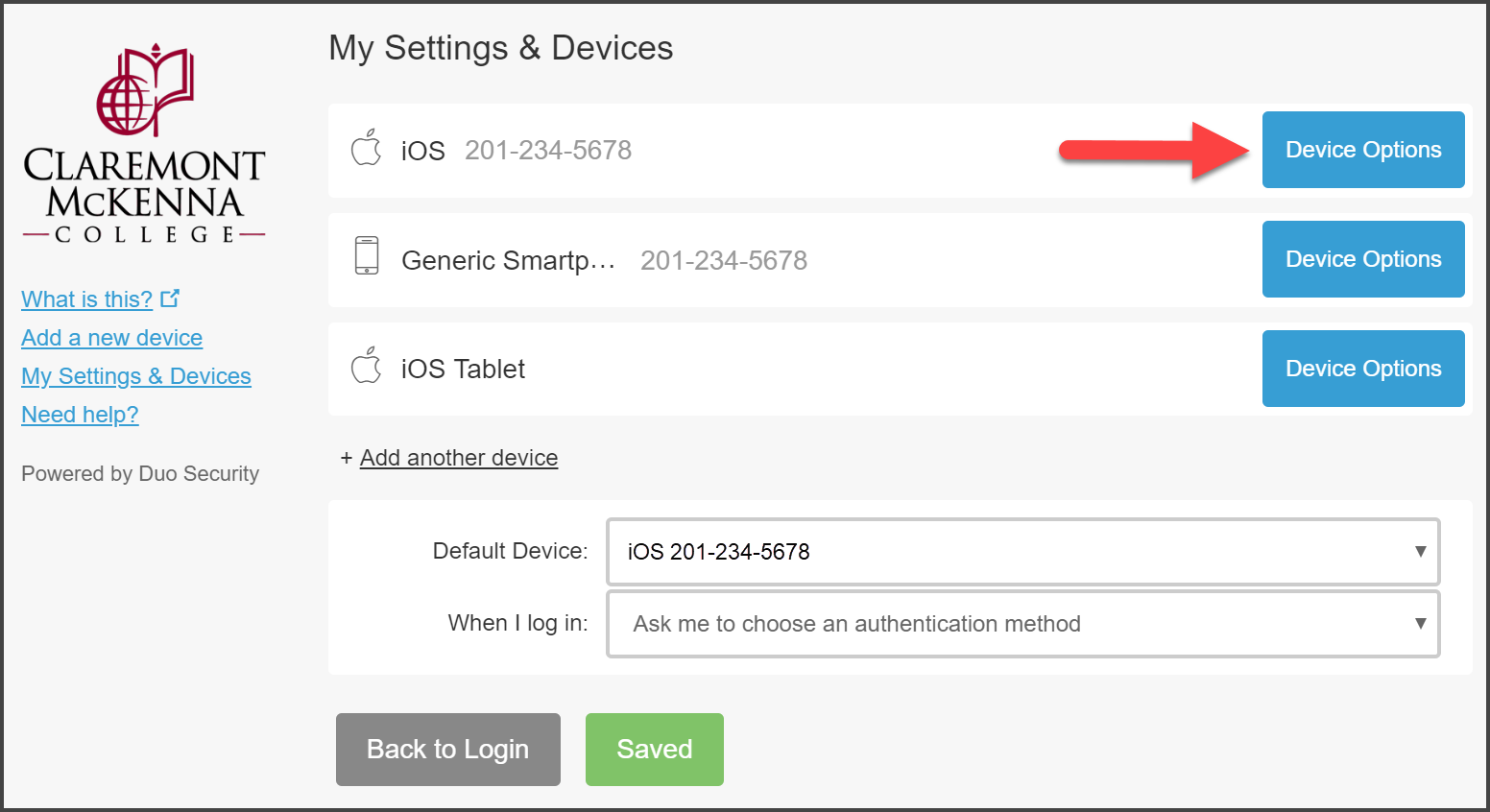 CMC Duo “My Settings & Devices” page with device overview with iOS Mobile phone, Generic Smartphone, and iOS Tablet device added to profile with arrow pointing to Device Options for iOS Mobile phone device