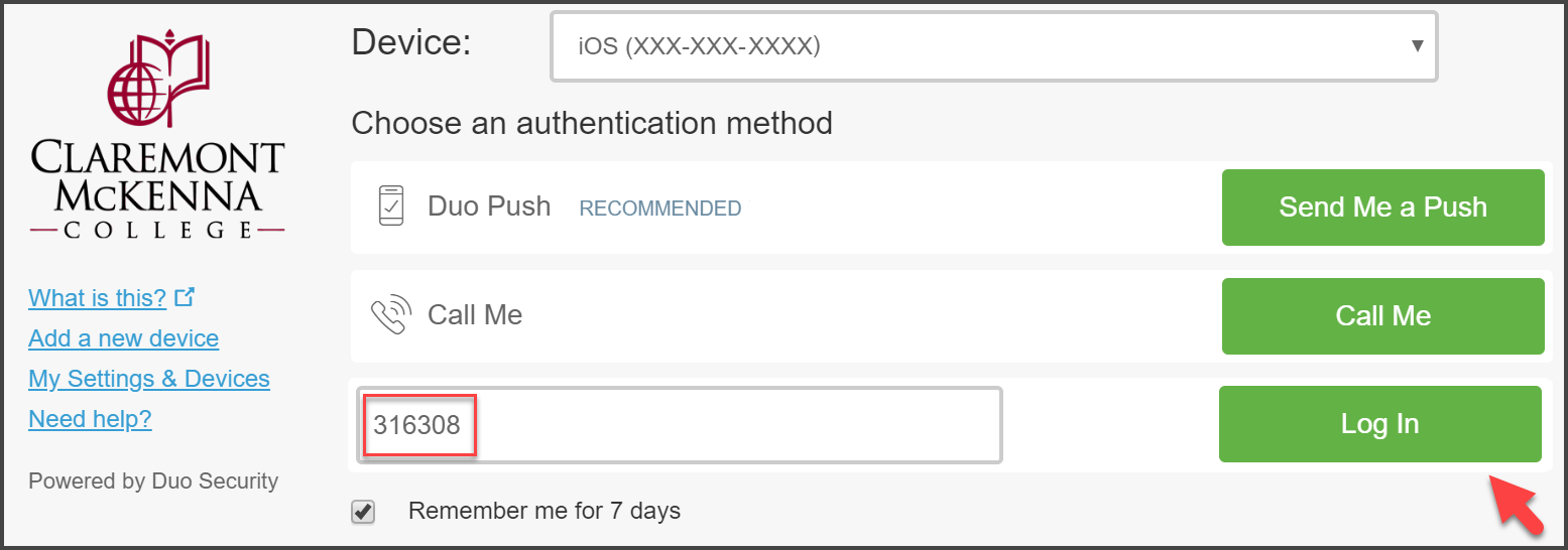 CMC Duo “Choose an authentication method” page with passcode inputted in the Enter a Passcode field and an arrow pointing to Log In