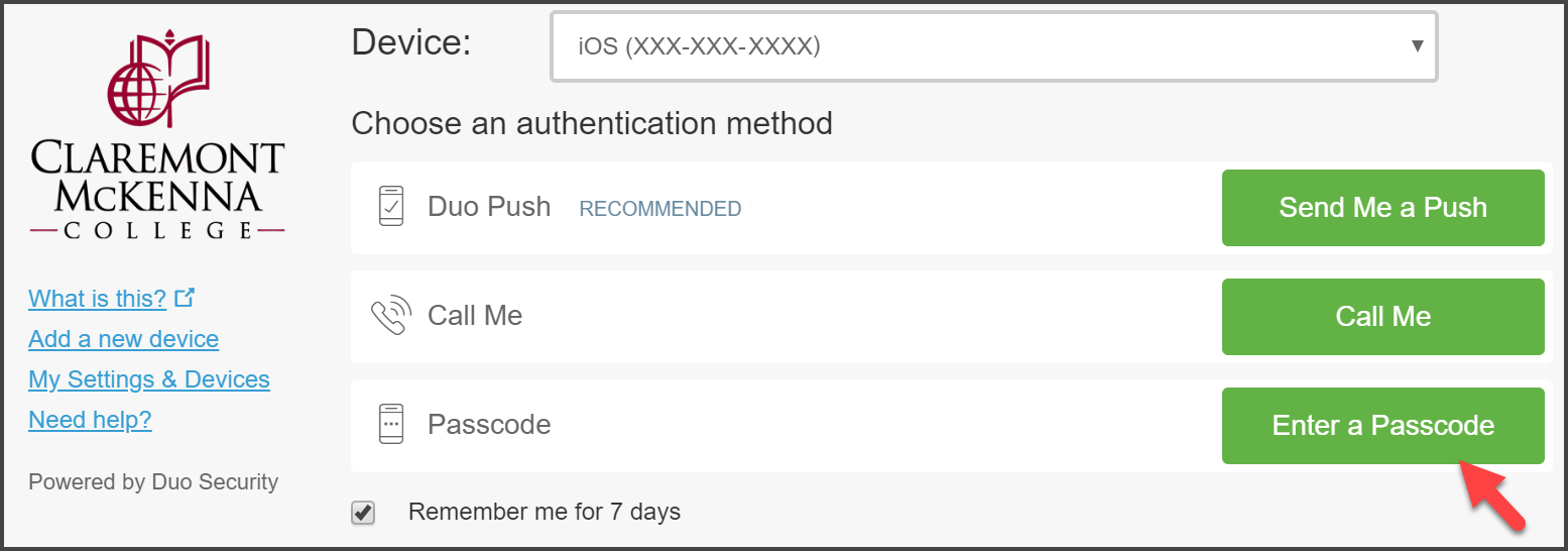 CMC Duo “Choose an authentication method” page with arrow pointing to Enter a Passcode