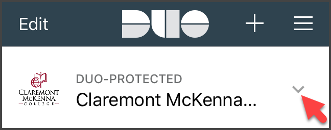 Duo Mobile app interface with Duo-Protected Claremont Mckenna College category with down caret icon and arrow pointing to down caret icon